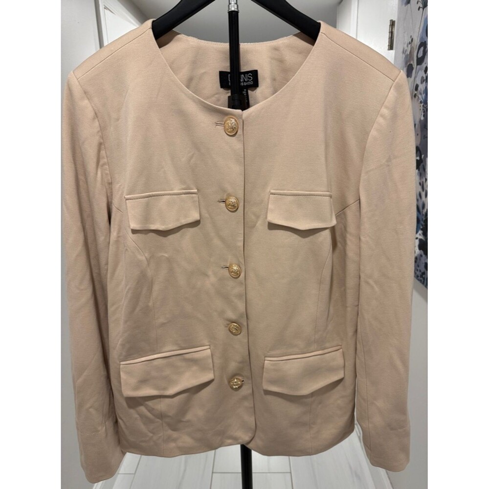dennis basso Tan Crew-Neck Gold-Button Blazer